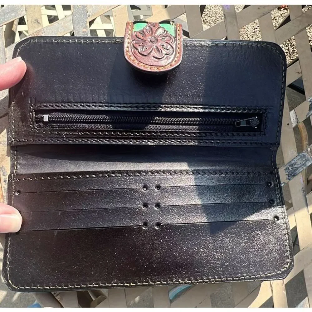 Hand Tooled Leather Western Wallet Brown/Teal Leather - Picture 3 of 4